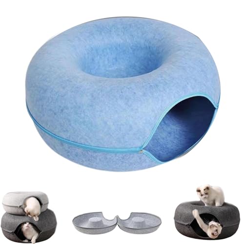 Meowmaze Katzenbett, Meow Maze Tunnelbett, Katzentunnelbett, rundes Katzennest aus Filz, Donut-Tunnel mit Loch, Katzenhöhlenbett, Peekaboo-Betten für Hauskatzen (S,Blau) von Fokayo