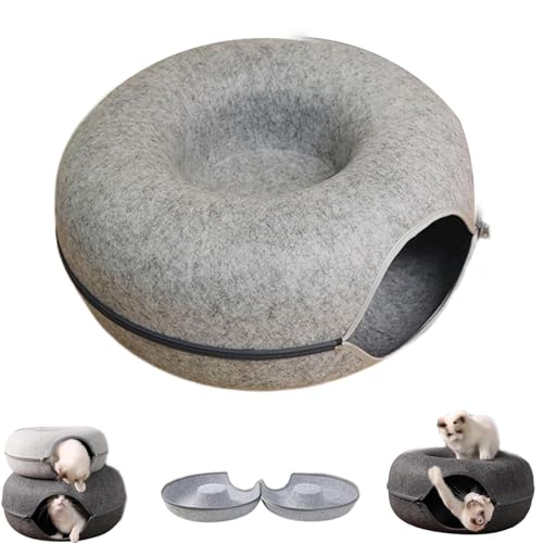 Meowmaze Katzenbett, Meow Maze Tunnelbett, Katzentunnelbett, rundes Katzennest aus Filz, Donut-Tunnel mit Loch, Katzenhöhlenbett, Peekaboo-Betten für Hauskatzen (S,Grau) von Fokayo