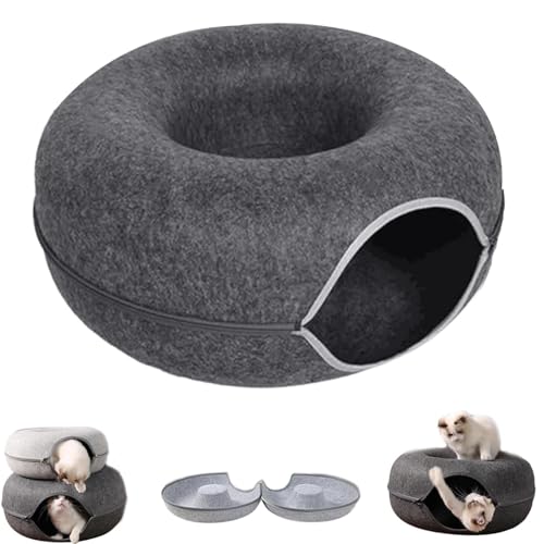 Meowmaze Katzenbett, Meow Maze Tunnelbett, Katzentunnelbett, rundes Katzennest aus Filz, Donut-Tunnel mit Loch, Katzenhöhlenbett, Peekaboo-Betten für Hauskatzen (S,Tief grau) von Fokayo