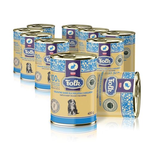 Folk Nassfutter für Welpen und Junge Hunde Schwangere Hündin. Getriedefreies Alleinfuttermittel Feines Gericht mit Kaninchen. Set 10 x 400g von Folk