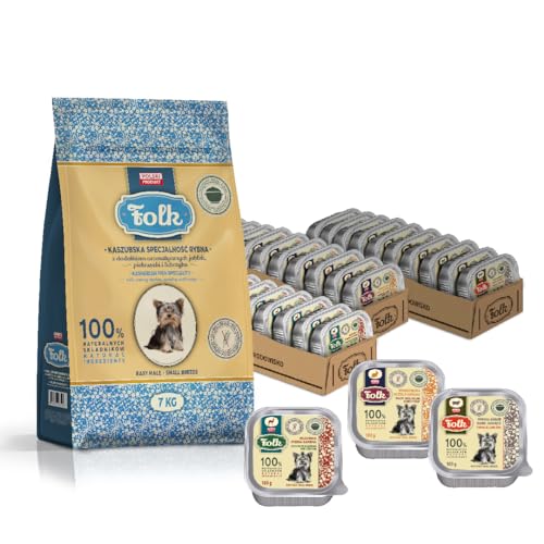 Folk, Trockenfutter Kaschubische Fischspezialität 7 Kg und Nassfutter Mix von Geschmacksrichtungen Alu Cups, 30 x 100 g für ausgewachsene Hunde von Folk