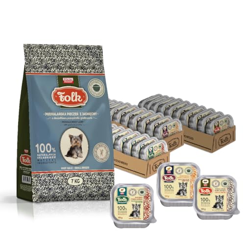 Folk, Trockenfutter Podhale Lammbraten 7 Kg und Nassfutter Mix von Geschmacksrichtungen Alu Cups, 30 x 100 g für ausgewachsene Hunde von Folk