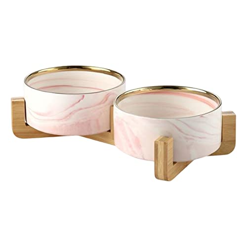 Folpus Ceramic Cat and Dog Bowls Raised Food Dish with Wooden Stand Elevated Round Pet Feeding Bowl, Easy to Clean (Marble Pattern), Rosa, Doppelschüssel von Folpus