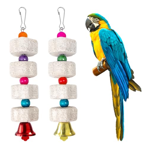 Fonyet 2 Stück Großes Papageienspielzeug Vogel Kauspielzeug Mineralstein Backenzahn Spielzeug mit Glocke, Kalkstein für Wellensittiche, Aras, Afrikanische Graue Kakadus, Nymphensittich von Fonyet