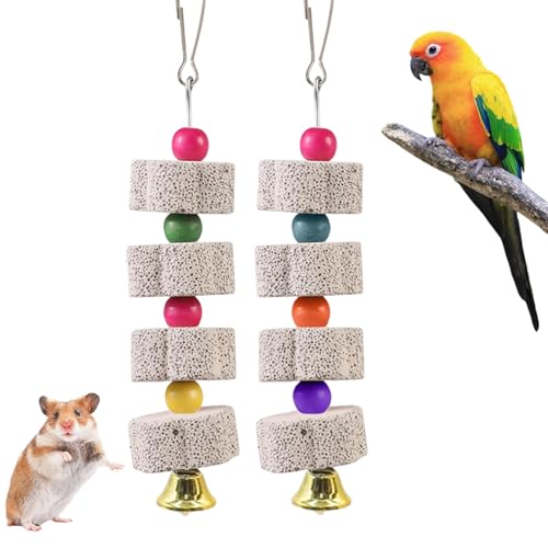 Fonyiunce 2 Stück Vogel Kauspielzeug, Papageienschnabel Schleifen Kalziumstein mit Glocken, Vogelschnabel-Schleifstein, Kauspielzeug für Papageien für Kakadu, Sittich, Wellensittich, Lovebird von Fonyiunce