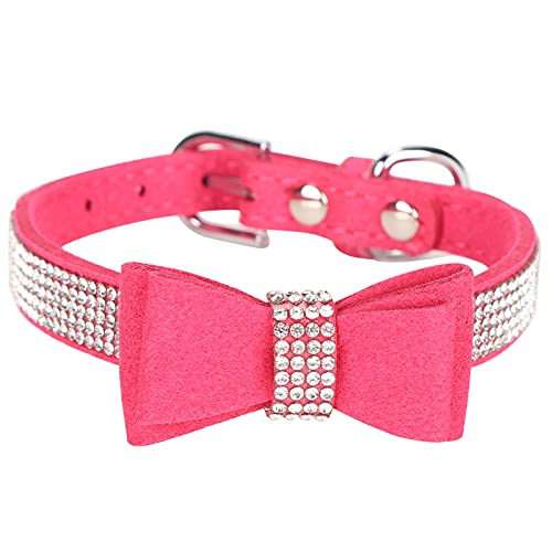 Wildleder-Mikrofaser-Doppelschleife, Mikrofaser-Haustierhalsband, Verstellbares Hundehalsband, Kristall Funkelnde Strass-Katzenhalsband-Haustierbedarf(S-Rosenrot) von Fonzci