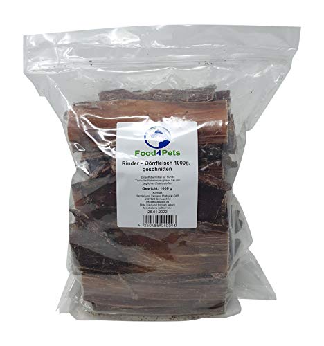 Food4Pets Rinder-Dörrfleisch Hundeleckerli 1kg - Kausnacks für Hunde im wiederverschließbaren Beutel von Food4Pets