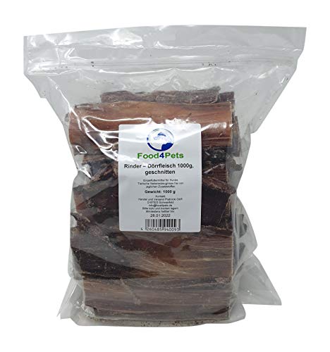 Food4Pets Rinder-Dörrfleisch 1kg – Hundeleckerli aus 100% Rind, naturbelassene Kausnacks für Hunde im wiederverschließbaren Beutel von Food4Pets