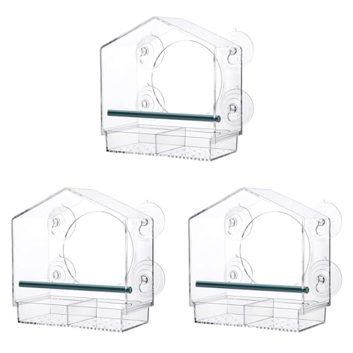 Foollusiie 3X -Vogelfutterspender mit Starken Saugn?pfen, Transparenter Vogelfutterspender f¨¹r Drau?en, Vogelhaus mit Herausnehmbarem Tablett mit 2 F?Chern von Foollusiie