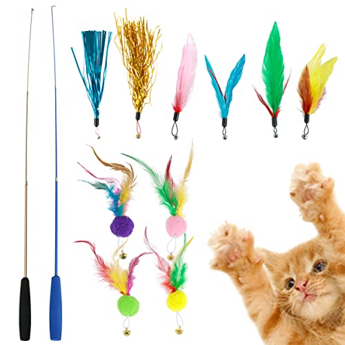 Foppla 2 x Katzenstab, interaktiver Katzenfederstab, 99,1 cm, einziehbarer Katzenstab mit 10 Katzenfeder-Spielzeug, Teleskop-Katzen-Angelrute, Katzenspielzeug für Indoor-Katzen, Spielübungen von Foppla