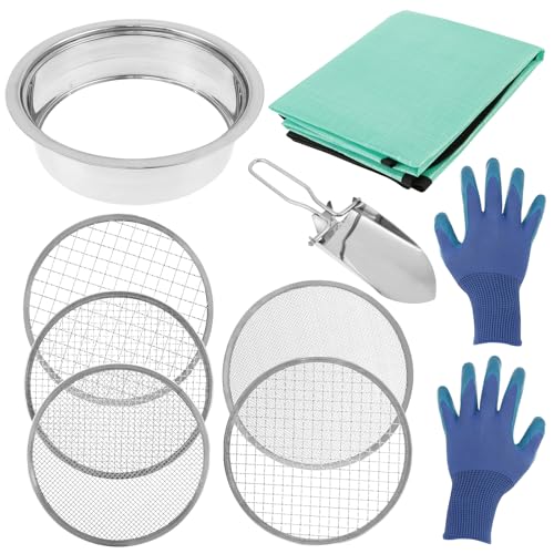 Foppla Gartensieb rund 24 cm mit 5 austauschbaren Siebeinsätzen - Kompostsieb aus Edelstahl für Erde, Kompost, Saatgut - inklusive Gartenschaufel,Handschuhen,Matte (10PCS) von Foppla