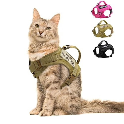 Forestpaw Katzengeschirr ausbruchsicher zum Gehen, verstellbares Geschirr mit weichem Netz-Polsterung, taktisches Geschirr mit Kontrollgriff, MOLLE-Patches, Khaki von Forestpaw
