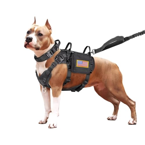 Forestpaw Taktisches Hundegeschirr und einfache Kontrolle, Trainings-Hundehalsband mit Bungee-Hundeleine, Set, kein Ziehen, Militär-Hundegeschirr mit Rucksack für kleine, mittelgroße Hunde, Schwarz, von Forestpaw