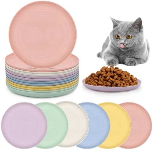Forhandy 12 Stück Katzennapf Flach, 5,9 Zoll Runden Futternapf Katzen zur Linderung von Schnurrhaarmüdigkeit Bunt Plastik Katzen Fressnapf Set für Kätzchen Kurzbeinige Katzen zum Trocken Nassfutter von Forhandy