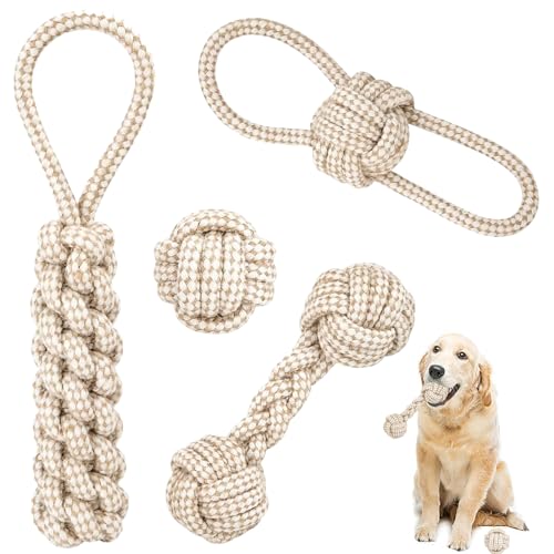 Forhome Hundespielzeug Seil mit Knoten Ball, 4 Stück Seil Hundespielzeug, Welpen Spielzeug für Hunde ​Zahnpflege, Kauen Hundespielzeug Set, Welpenspielzeug für Zahngesundheit von Forhome