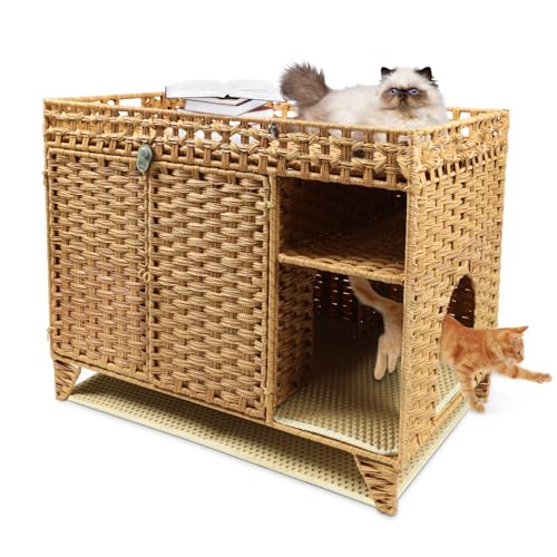 Forotone Katzentoilette Gehege, versteckte Katzen-Waschraum-Möbel mit Katzentoilette, Rattan, großes Haustierhaus mit Tür, für Wohnzimmer, Schlafzimmer, Balkon von Forotone