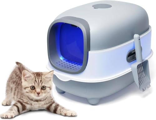 Forroby Faltbare Katzentoilette mit automatischer Desodorierung, geschlossene Katzentoilette, extra groß mit Schaufel und Auslaufbrett, tragbare Katzentoilette mit Haube für den Innenbereich (grau) von Forroby