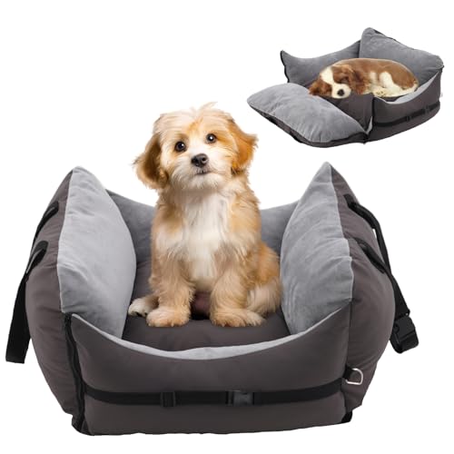 Forroby Hundeautositz, spezifischer erhöhter Sitz für Hunde mit Sicherheitsgurt und doppelseitigem Kissen, abnehmbarer Hundeerhöhung, Autobett für kleine Katzen, bequemes und weiches Reisebett (grau) von Forroby