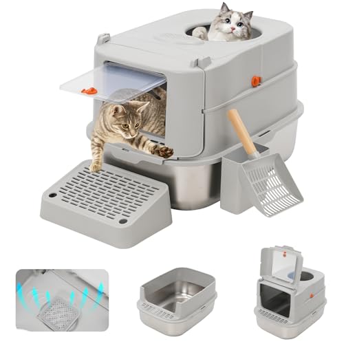 Katzentoilette aus Edelstahl mit Deckel, auslaufsicher, Geruchskontrolle, Spritzschutz, geschlossener großer Eingang oben mit hohen Seiten und Schaufel, Kätzchentoilette, leicht zu reinigen, abnehmbar von Forroby