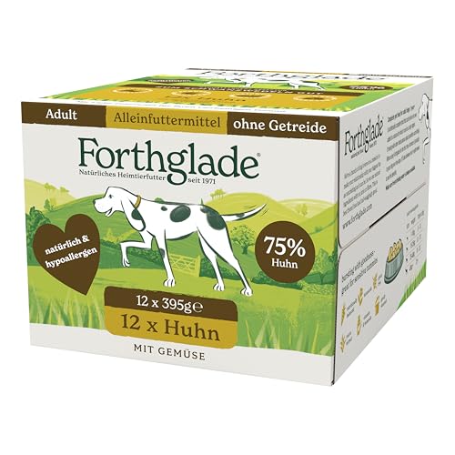 Forthglade Nassfutter für Hunde (12 x 395g Schalen) – getreidefreies Futter mit Huhn & Gemüse für ausgewachsene Hunde ab 1 Jahr, hypoallergenes Hundefutter für sensible Hundemägen von Forthglade