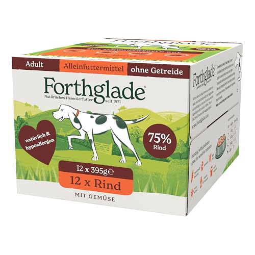 Forthglade Nassfutter für Hunde (12 x 395g Schalen), hypoallergenes & getreidefreies Futter für ausgewachsene Hunde ab 1 Jahr, Hundefutter mit Rind & Gemüse für sensible Hundemägen von Forthglade