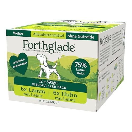 Forthglade Nassfutter für Hunde (Mixpaket, 12 x 395g Schalen) – getreidefreies Futter für Welpen von 2-12 Monaten mit Lamm und Leber & Huhn mit Gemüse, hypoallergenes Hundefutter von Forthglade