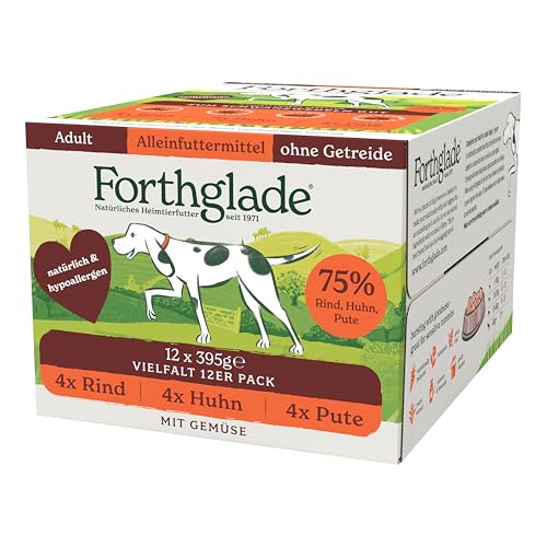 Forthglade Nassfutter für Hunde (12 x 395g Schalen), hypoallergenes & getreidefreies Futter für ausgewachsene Hunde ab 1 Jahr, Hundefutter Mixpaket mit 3 schmackhaften Sorten von Forthglade