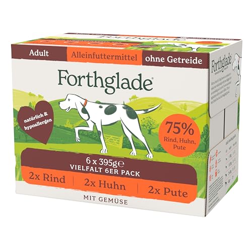 Forthglade Nassfutter für Hunde (Mixpaket, 6 x 395g Schalen) – getreidefreies Futter mit Rind, Pute oder Huhn & Gemüse für ausgewachsene Hunde ab 1 Jahr, hypoallergenes Hundefutter von Forthglade