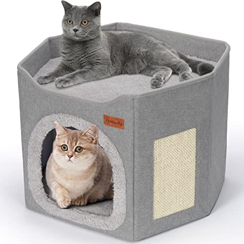 Fostanfly Katzenhöhle Betten für Indoor-Katzen, großes Katzenhaus mit Katzenkratzer, faltbares Versteckbett, niedliches Katzenhütte, bedecktes Kätzchenbett mit flauschigen Kissen von Fostanfly