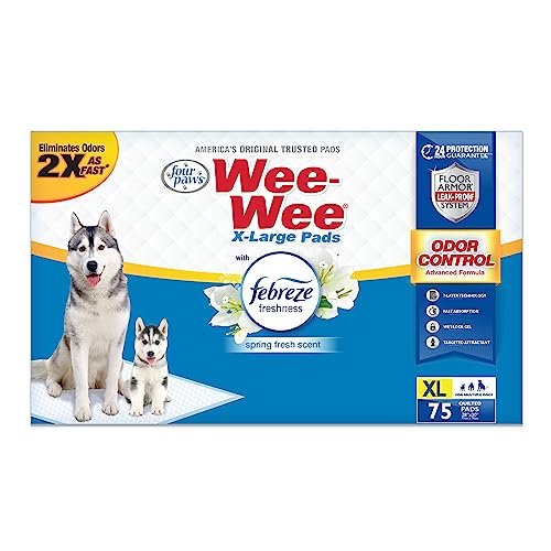 Four Paws Wee-Wee Geruchskontrolle, extra große Urinierpads für Hunde mit Febreze-Frische, 75 Stück, Größe XL, 71,1 x 86,4 cm von Four Paws
