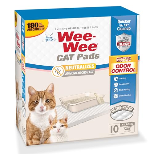 Four Paws Wee-Wee Katzen-Urinierunterlagen, Einweg-Katzentoiletten-Matten, fortschrittliche Geruchskontrolle, schnelle Absorption, Katzenbox-Pads, zur Streuverfolgung, 71,1 x 76,2 cm, geruchlos, 10 von Four Paws