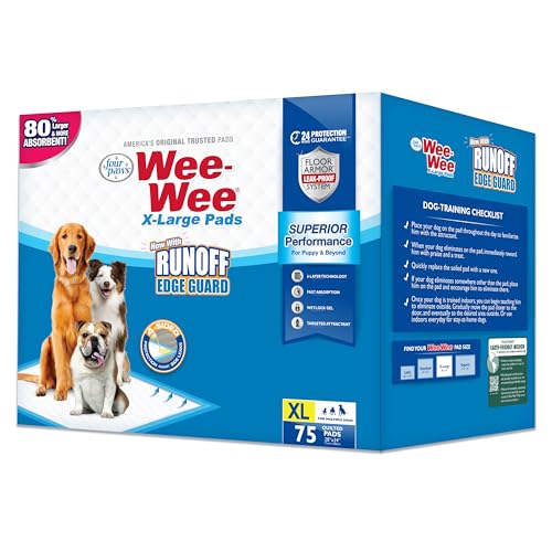 Four Paws Wee-Wee Superior Performance Urinierpads für Hunde mit Abflussbarriere, Kantenschutz, Welpen- und Hunde-Töpfchentrainingspads, Hausbruchzubehör, 71,1 x 86,4 cm (75 Stück) von Four Paws