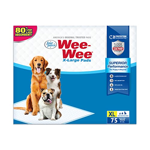Four Paws Wee-Wee Superior Performance XL Urinierunterlagen für extra große Hunde, auslaufsicherer Bodenschutz, Gesteppte Töpfchentrainingspads, geruchlos, 71,1 x 86,4 cm (75 Stück) von Four Paws