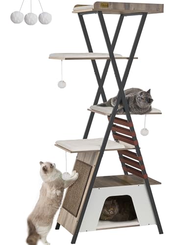 FourFurPets 183.9 cm Katzenbaum, Moderner Katzenturm für Indoor-Katzen, mehrstufige Katzenhütte mit Höhlen, hoher Katzenbaum mit Katzenkratzbrett, Katzenturm aus Holz mit großer Sitzstange, abnehmbare von FourFurPets