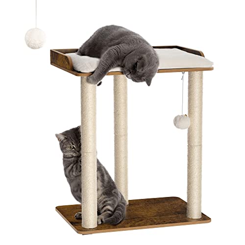 FourFurPets 67,8 cm großer Katzenbaum, Kratzbaum für Indoor-Katzen, große Platte, drei 59,9 cm große Kratzstämme aus Vollsisal, rustikales Braun von FourFurPets