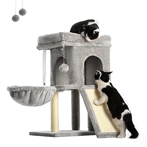 FourFurPets Kratzbaum, 67cm Katzenbaum, Plattformen groß, Höhlen, Hängematte, Hellgrau von FourFurPets
