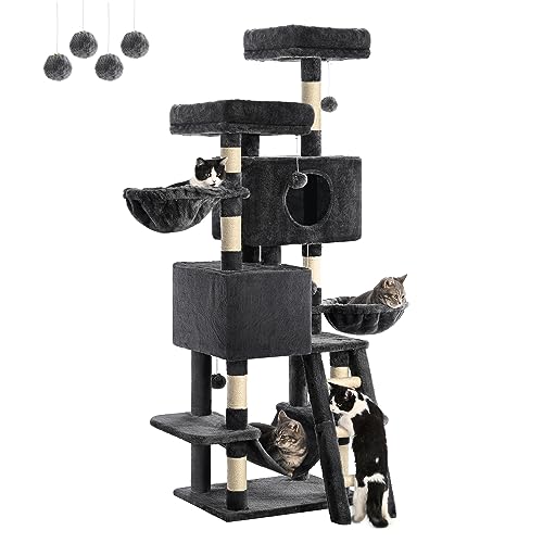 FourFurPets Kratzbaum 160 cm hoch, Aktivitätsbaum für Katzen, mit 2 Plattformen, 2 Höhlen, 2 Korb, Hängematte, Plüschbälle,Sisal-Treppe, Rauchgrau FourFurPets Kratzbaum 160 cm hoch, Aktivitätsbaum für Katzen, mit 2 Plattformen, 2 Höhlen, 2 Korb, Hängematte, Plüschbälle,Sisal-Treppe, Rauchgrau von FourFurPets