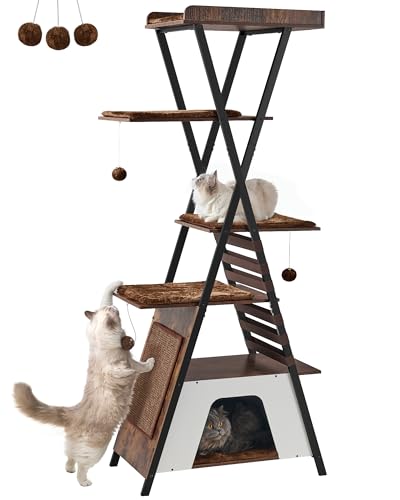 FourFurPets 184 cm Katzenbaum, moderner Katzenturm für drinnen, mehrstöckiges Katzenhaus mit Höhlen, hoher Katzenbaum mit Kratzbrett, hölzerner Katzenturm mit großer Plattform, rustikaler Braunton von FourFurPets