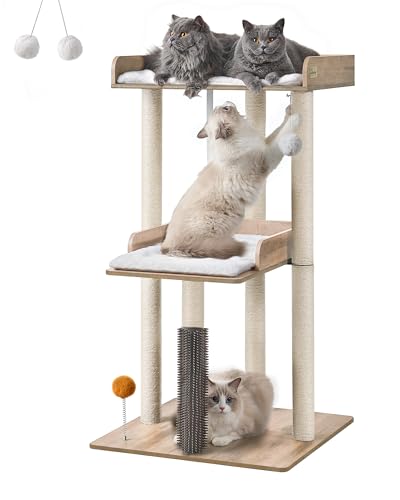 FourFurPets 111.0 cm Katzenbaum, moderner Katzenbaumturm, Katzenturm für Indoor-Katzen, große Erwachsene, Katzenhütte mit Kratzbaum, großer Sitzstange und abnehmbaren Pads, Greige von FourFurPets