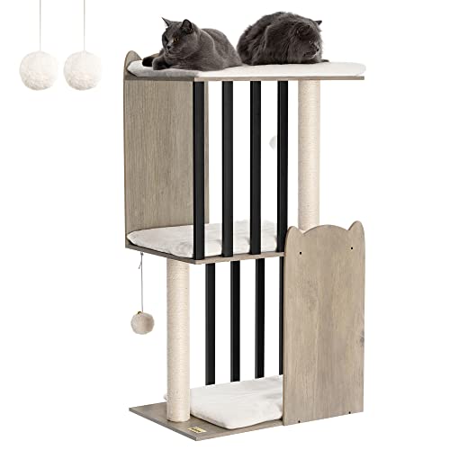 FourFurPets 3-stufiger moderner Kratzbaum, 111 cm hoch, Katzenbaum, mit 2 Voll Sisal Kratzsäulen, 3 Große Plattformen, Greige von FourFurPets