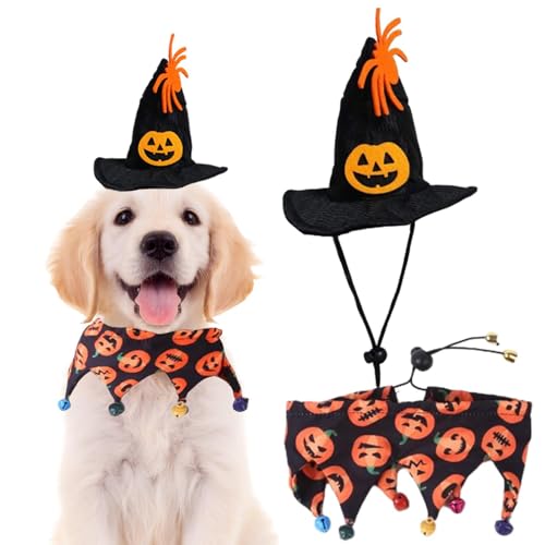 Fowybe Hundehexenkostüm - Katzen-Halloween-Mütze, Schal mit Kürbismustern, Spinnenglocken-Dekor,Verstellbares, bequemes Haustierkostüm für Katzen und Hunde, Halloween-Partygeschenke Fowybe Hundehexenkostüm - Katzen-Halloween-Mütze, Schal mit Kürbismustern, Spinnenglocken-Dekor,Verstellbares, bequemes Haustierkostüm für Katzen und Hunde, Halloween-Partygeschenke von Fowybe
