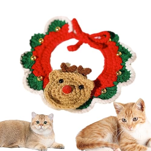 Fowybe Weihnachten Hund Katze Weihnachtsmann Schal | Weihnachtsstrickhalsband für Katzen,Weihnachtlich gestrickter Kragenschal mit Glockenanhänger für Katzen, Hunde, mittelgroße Haustiere von Fowybe