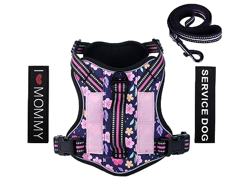 Foxyep Taktisches Hundegeschirr, MOLLE-Weste mit Griff für mittelgroße Hunde, kein Ziehen, verstellbares Haustiergeschirr, reflektierender Riemen, mit Hundeleine, Set (M,Blaues Blumenmuster) von Foxyep