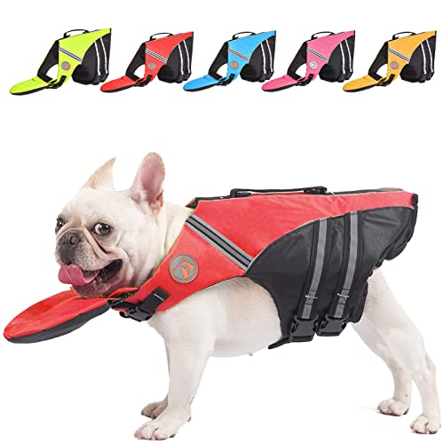 Französische Bulldogge Schwimmweste – Professionelle Hunde-Sicherheitswesten zum Schwimmen, hervorragender Auftrieb und Rettungsgriff (Brustumfang: 43,2 cm - 76,2 cm, Gewicht: 7,7 - 12,7 kg) (Rot) von Fragralley
