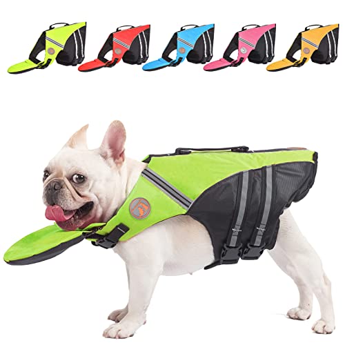 Französische Bulldogge Schwimmweste – Professionelle Hunde-Sicherheitswesten zum Schwimmen, hervorragender Auftrieb und Rettungsgriff (Brustumfang: 43,2 cm - 76,2 cm, Gewicht: 7,7 - 12,7 kg) (grün) von Fragralley