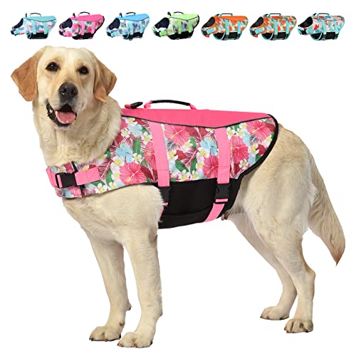 Hawaiian Sports Style Hundeschwimmweste,Hundeschwimmweste mit Rettungsgriff zum Schwimmen Bootfahren und Verstellbare Welpen-Schwimmweste,Ripstop-Schwimmwesten für kleine, mittelgroße und große Hunde von Fragralley