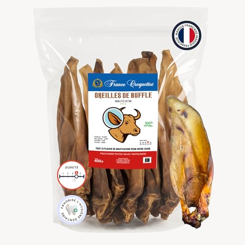 Büffelohren für Hunde – 100 % natürlich, reich an Protein (87,59 %), fettarm – langanhaltender Kausnack – Premium-Qualität – ohne Zusatzstoffe (1 x 400 g) von France Croquettes