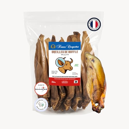 Büffelohren für Hunde – 100 % natürlich, reich an Protein (87,59 %), fettarm – langanhaltender Kausnack – Premium-Qualität – ohne Zusatzstoffe (5 x 400 g) von France Croquettes