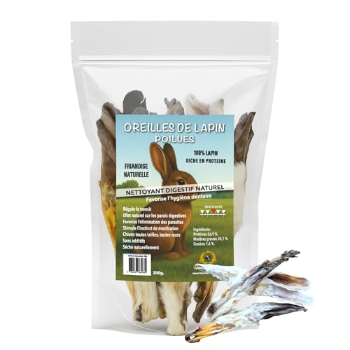 Haarige Hasenohren für Hunde – natürliche Leckereien, 200 g, reich an Proteinen – gesunde Verdauung, natürliche Wurmhaut, langhaltend, fettarm – Snack für Hunde aller Rassen von France Croquettes