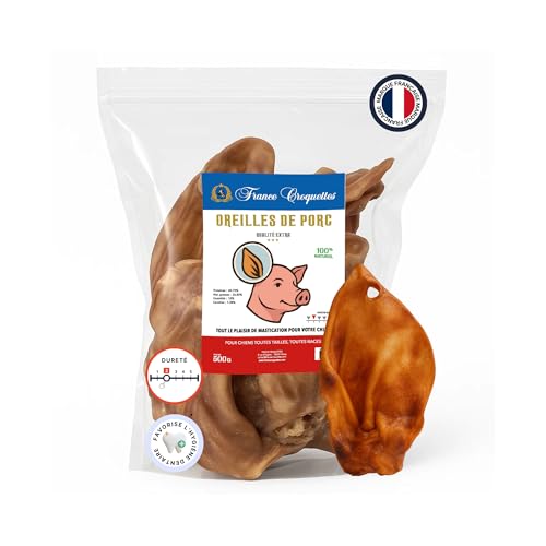 Schweineohr für Hunde – 100% natürliche Leckerei – nachhaltiges Kauen – reich an Proteinen – ohne Zusatzstoffe – für Welpen und erwachsene Hunde – ideal für Zahnhygiene (500 g) von France Croquettes